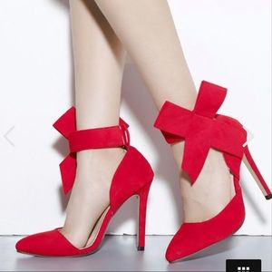 NWOT Rainbowcat Red Suede Ankle Giant Bow Stiletto High Heels. Size 7.5